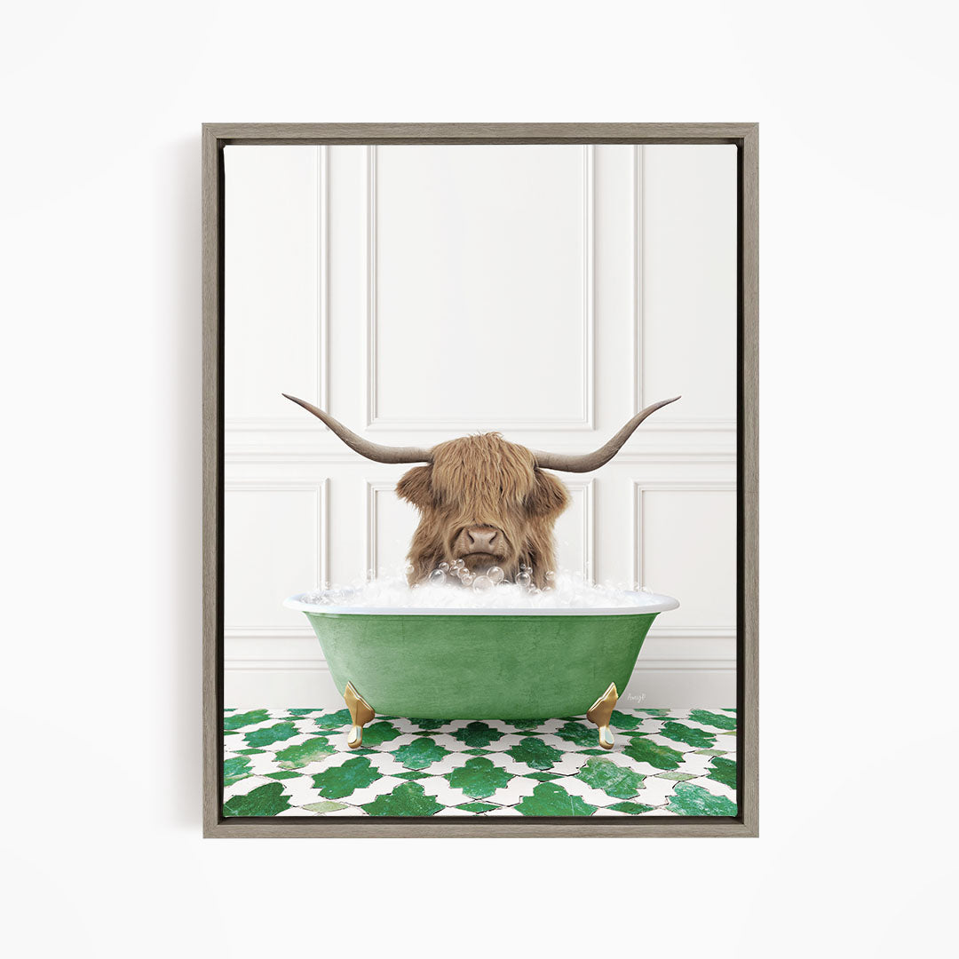 A brown cow with long horns is sitting in a green bathtub filled with water, surrounded by a green and white patterned floor.