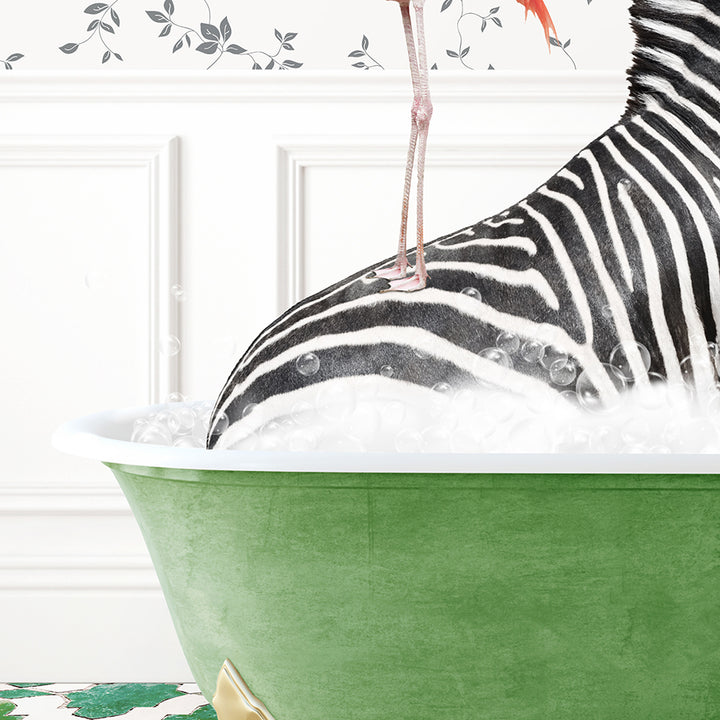 a zebra standing on top of a bath tub filled with water