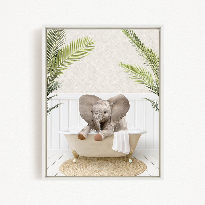 A baby elephant sitting in a bathtub, surrounded by palm leaves, creating a whimsical and playful scene.