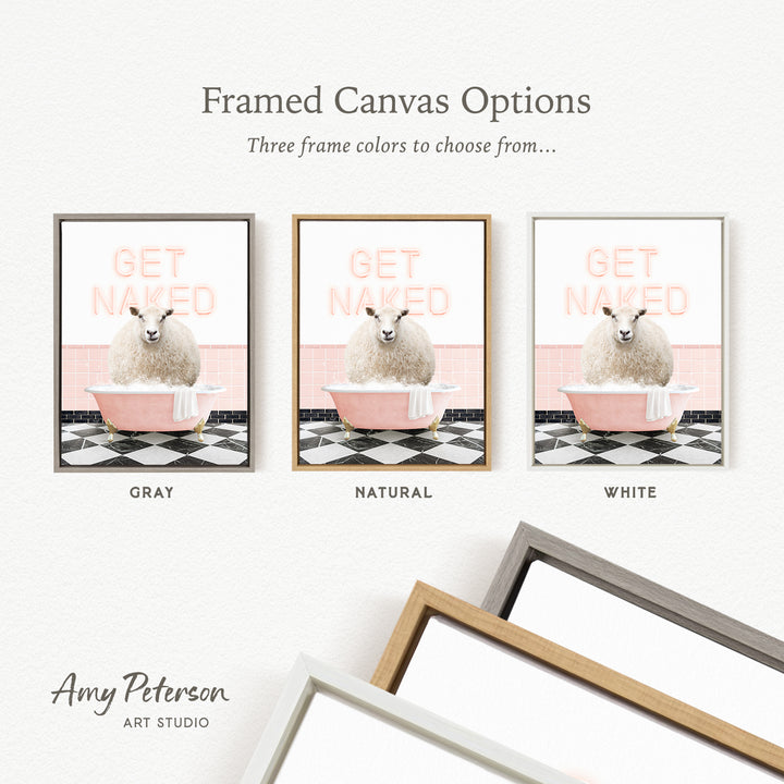 three framed canvas options featuring a sheep in a bathtub, with different frame colors to choose from.