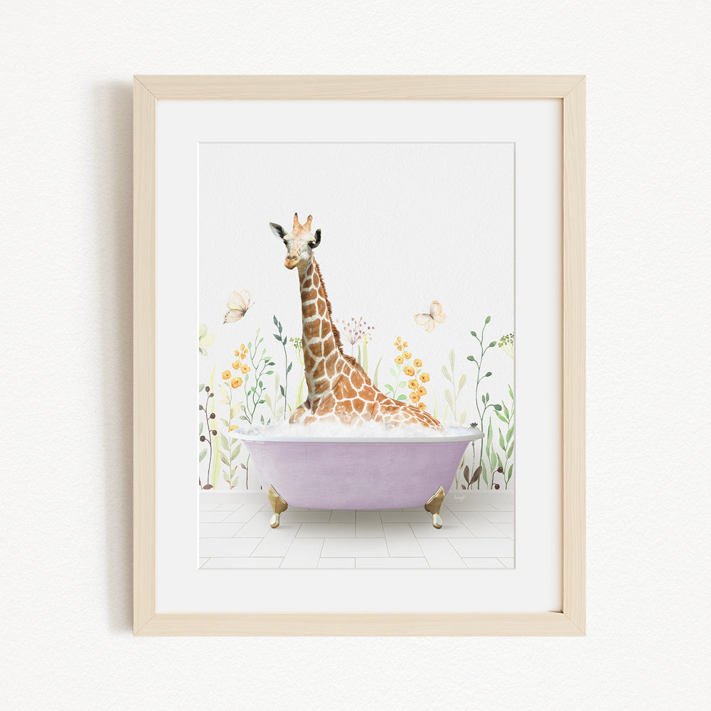 A giraffe sitting in a purple bathtub filled with bubbles, surrounded by flowers and butterflies.