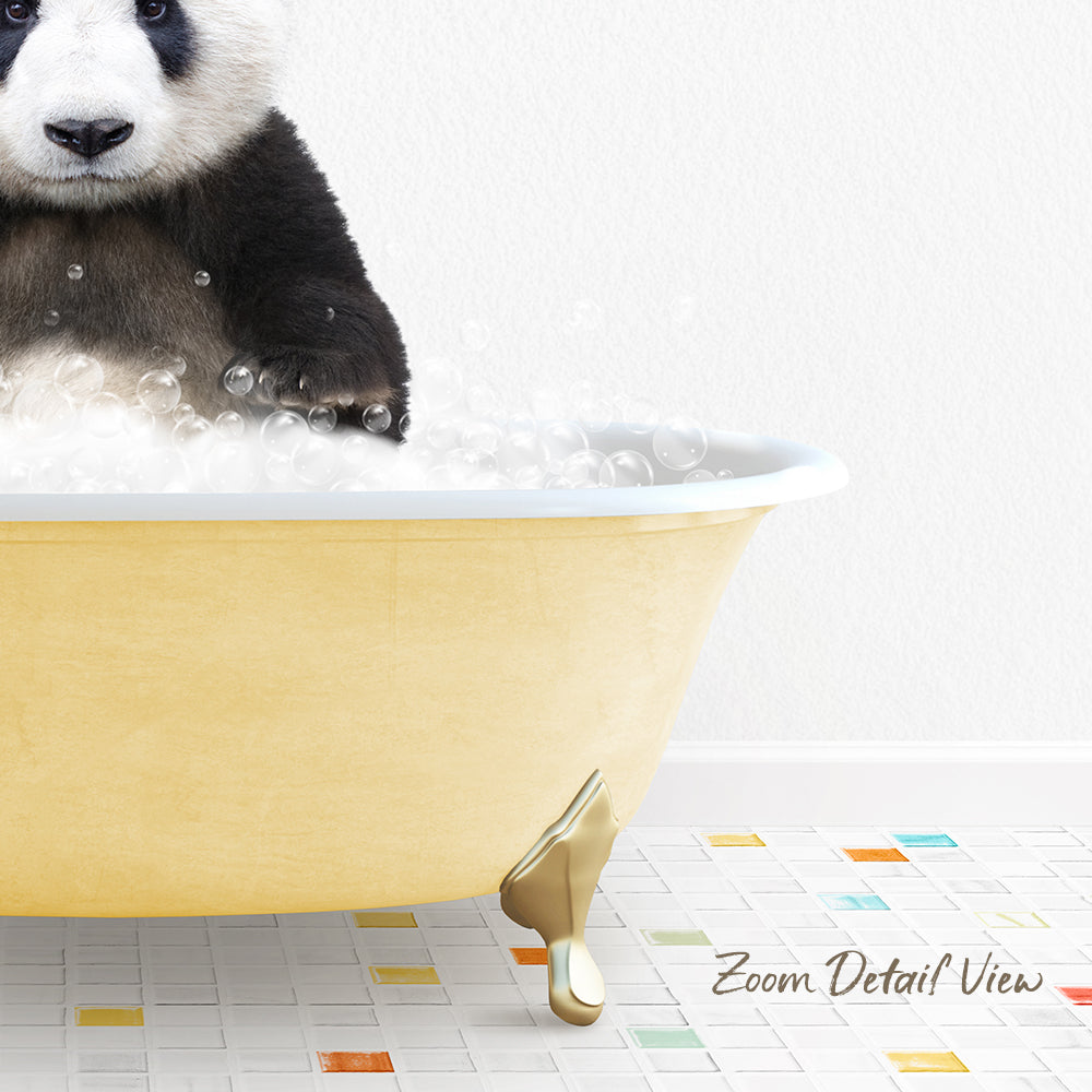 A panda sitting in a yellow bathtub filled with bubbles, with a colorful tiled floor in the background.