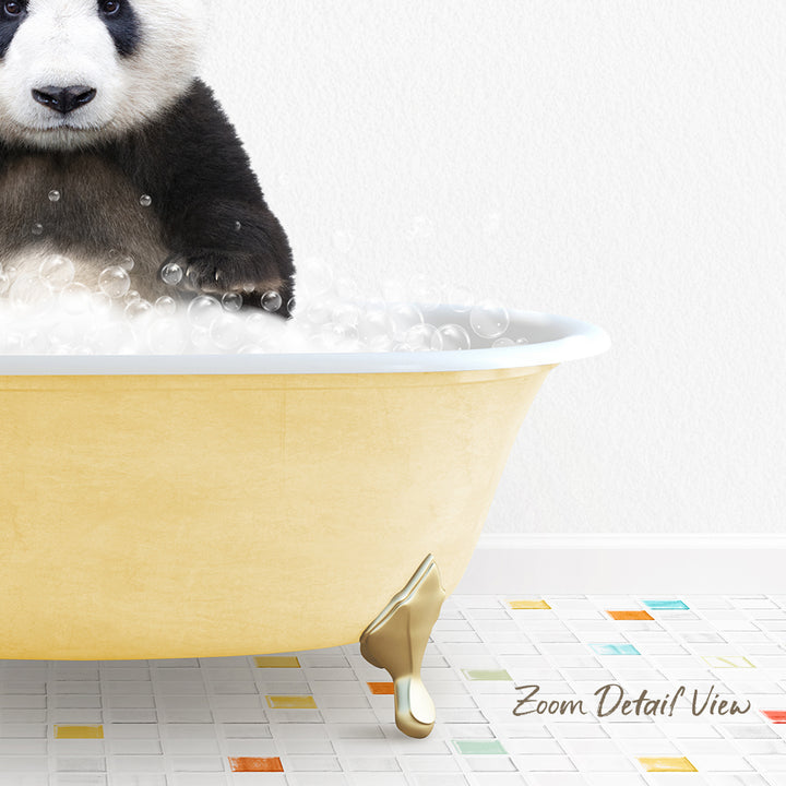 A panda sitting in a yellow bathtub filled with bubbles, with a colorful tiled floor in the background.