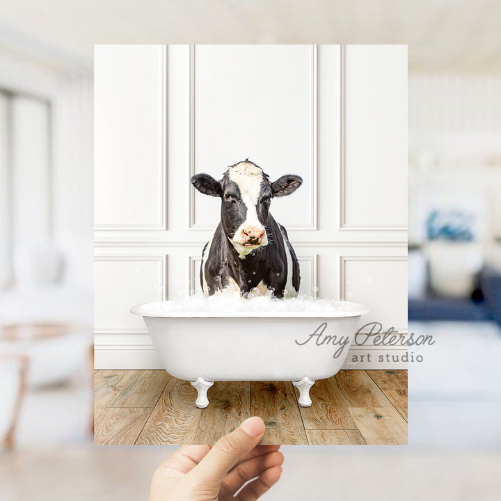 a hand holding up a photo of a black and white cow in a bathtub