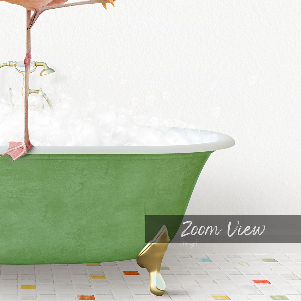 A green bathtub filled with bubbles, with a pink flamingo perched on the edge.