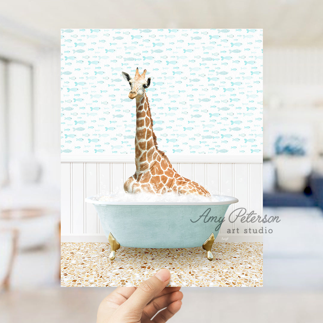 a giraffe is sitting in a bath tub