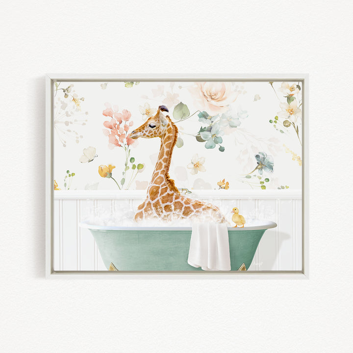 A giraffe sitting in a bathtub filled with bubbles, surrounded by flowers and other decorative elements.