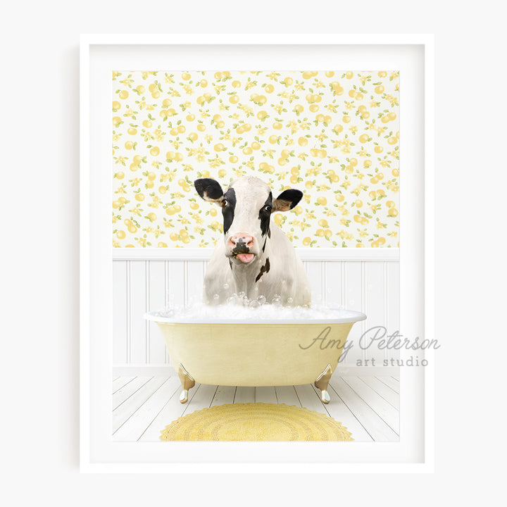 a cow sitting in a bathtub with its tongue out