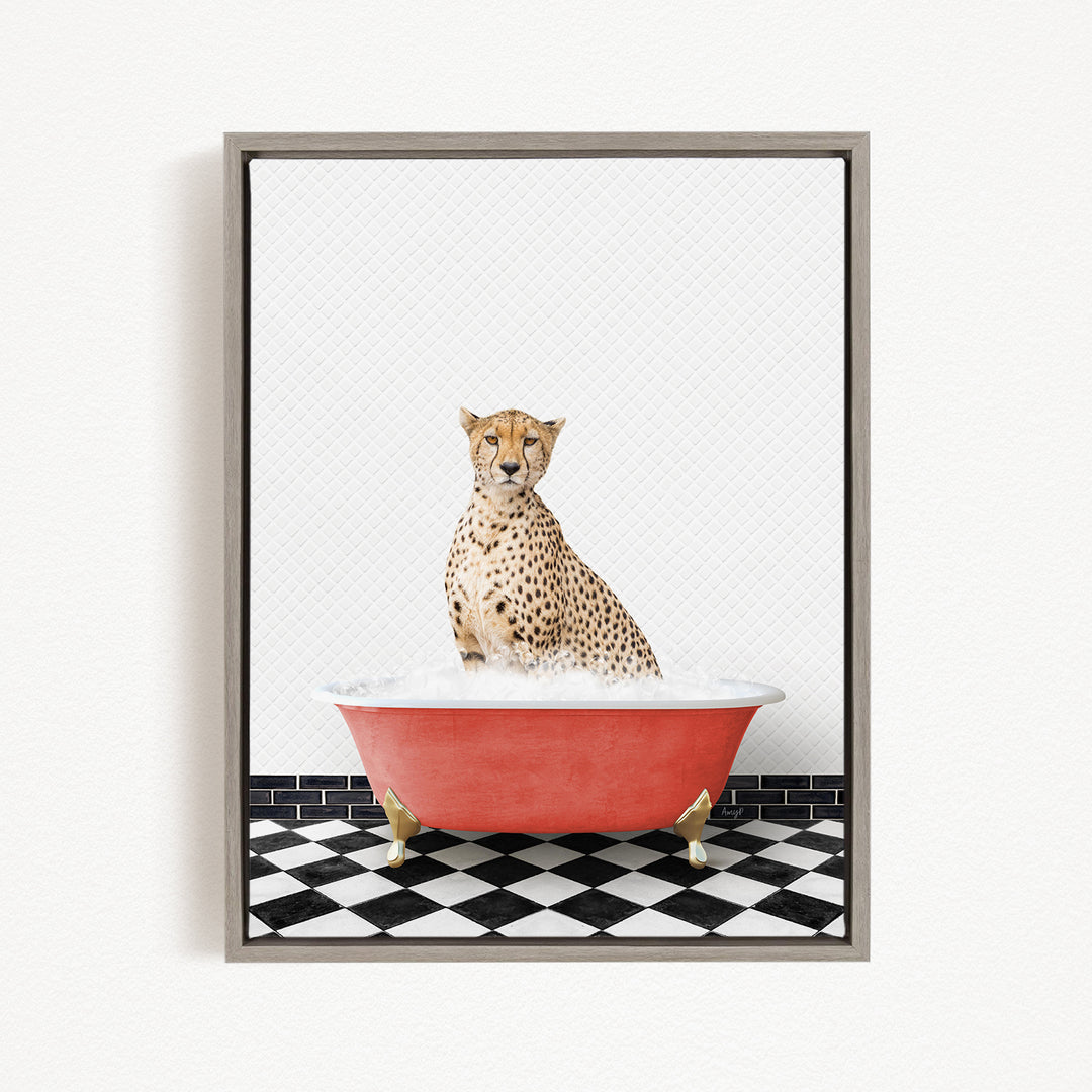 A cheetah sitting in a red bathtub filled with water, with a black and white checkered floor in the background.