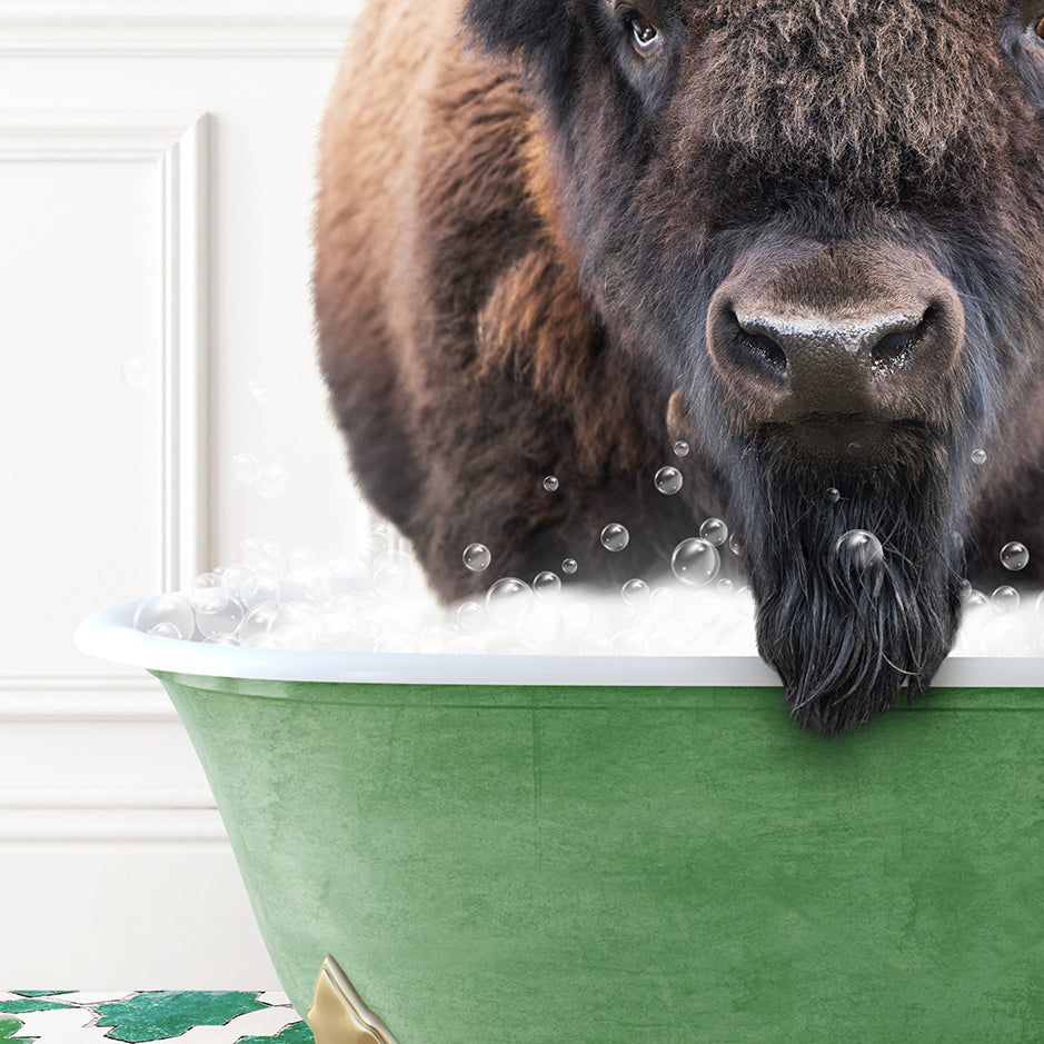 a large buffalo standing in a bath tub