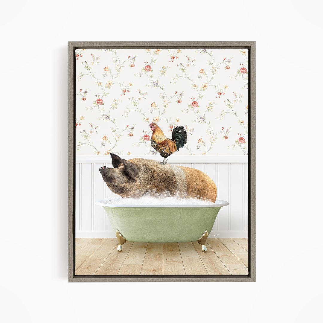 A rooster sits atop a pig in a bathtub, surrounded by a floral wallpaper.