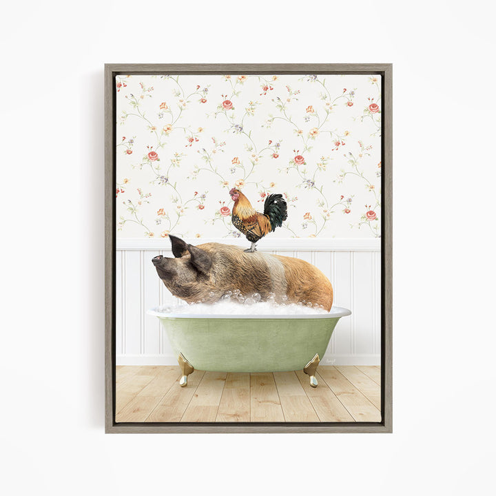 A rooster sits atop a pig in a bathtub, surrounded by a floral wallpaper.