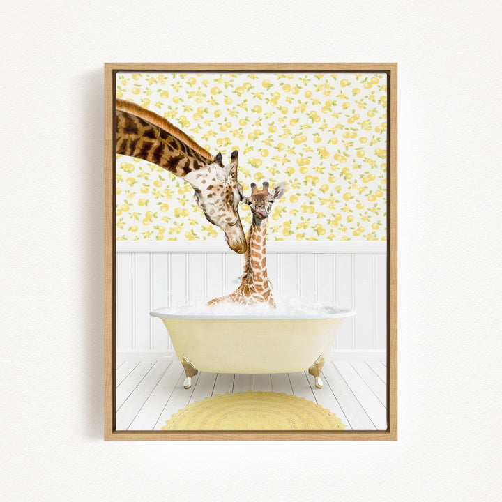 A giraffe and a baby giraffe are sitting in a bathtub filled with water, surrounded by a yellow and white floral patterned wall.