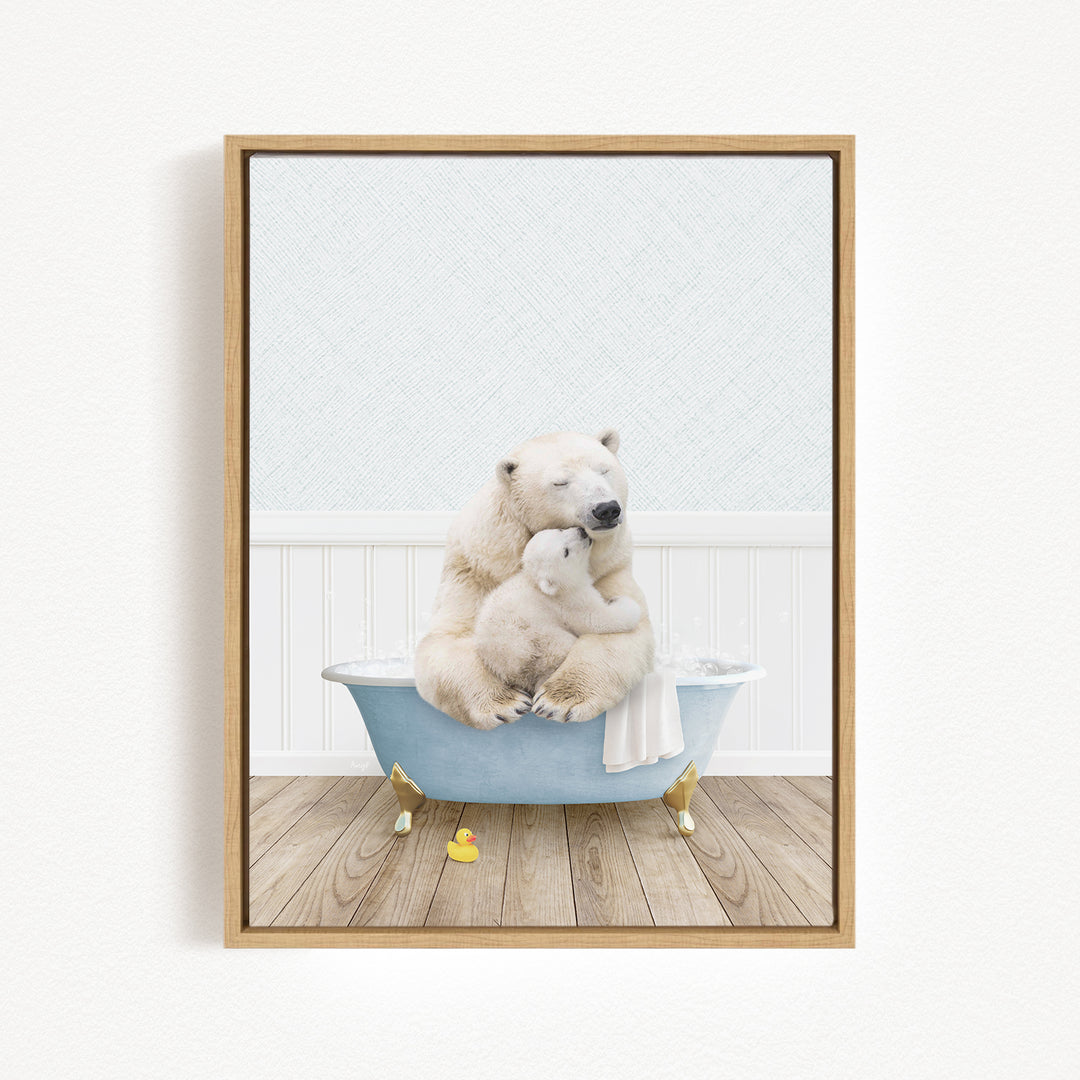 A polar bear and its cub are sitting in a blue bathtub, with a yellow rubber duck floating in the water.
