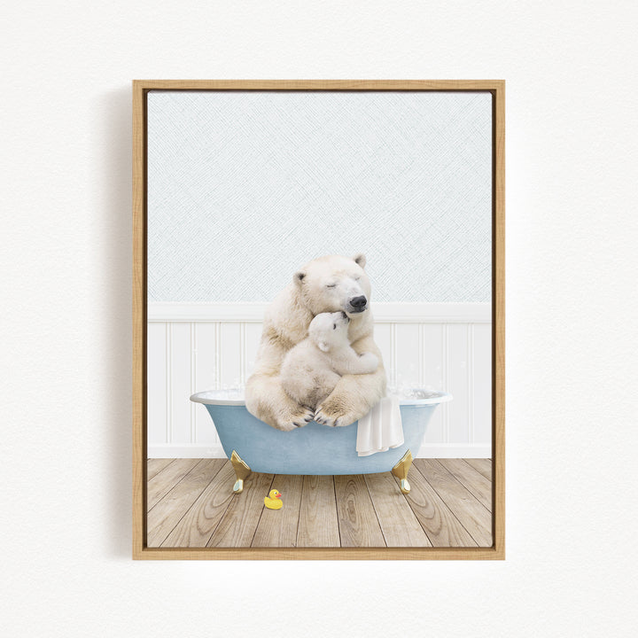 A polar bear and its cub are sitting in a blue bathtub, with a yellow rubber duck floating in the water.