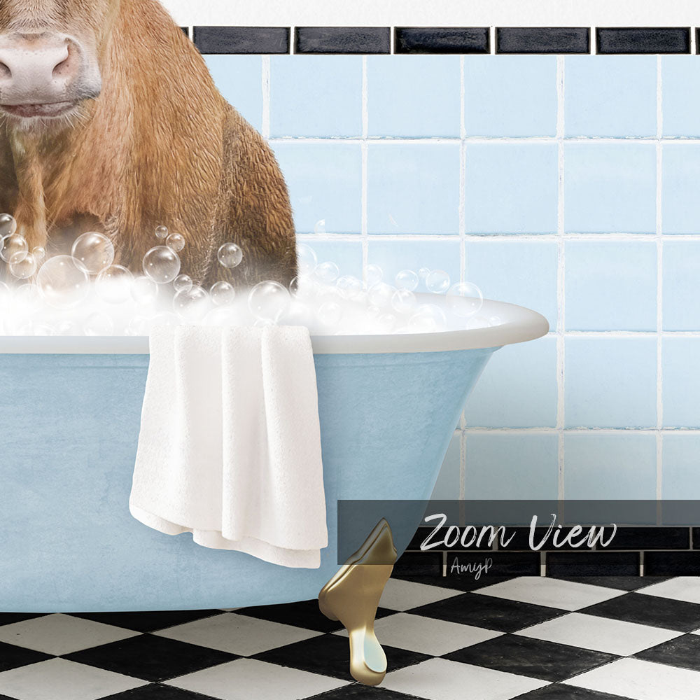 A cow is sitting in a blue bathtub filled with bubbles, with a towel draped over its back and a gold shoe placed on the floor next to the tub.