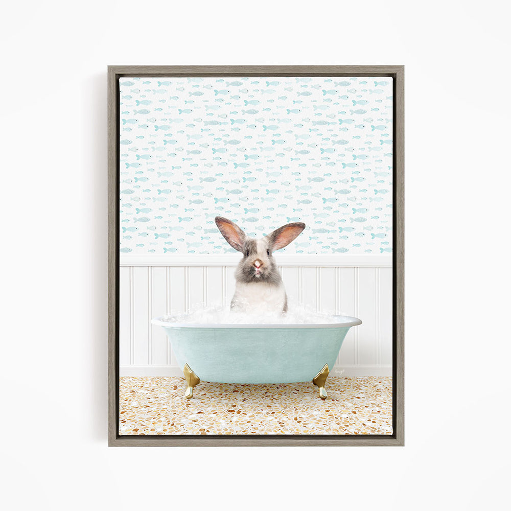 A rabbit sitting in a bathtub filled with water, surrounded by a pattern of fish.