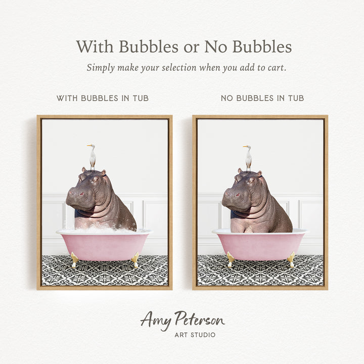 The image is a collage of two pictures featuring a hippopotamus sitting in a pink bathtub. The text above the images reads "With Bubbles or No Bubbles" and below the images, it says "Simply make your selection when you add to cart."