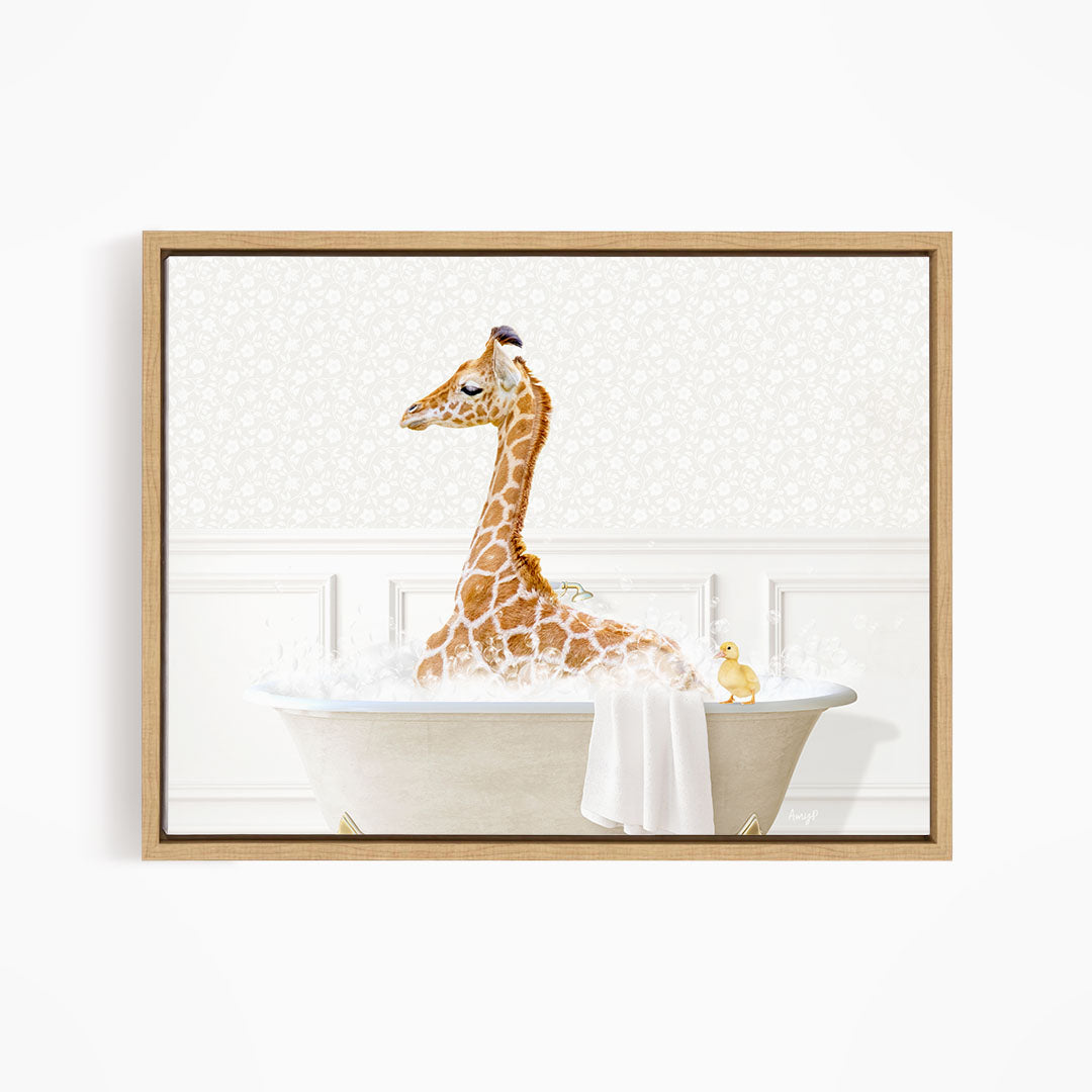 A giraffe sitting in a bathtub filled with water, surrounded by a towel and a small yellow duck.
