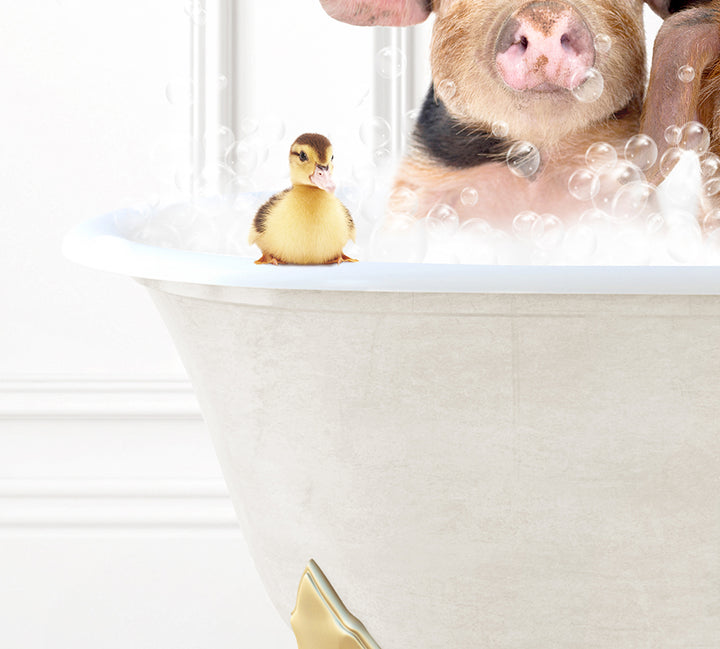 a dog and a rubber duck in a bathtub