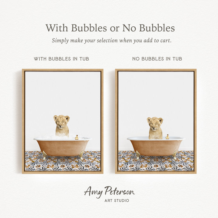 The image is a collage of two pictures, each featuring a lion cub sitting in a bathtub. The caption indicates that the images are meant to be used as a selection when adding to a cart, suggesting that the viewer should make their own choice when selecting the desired image.