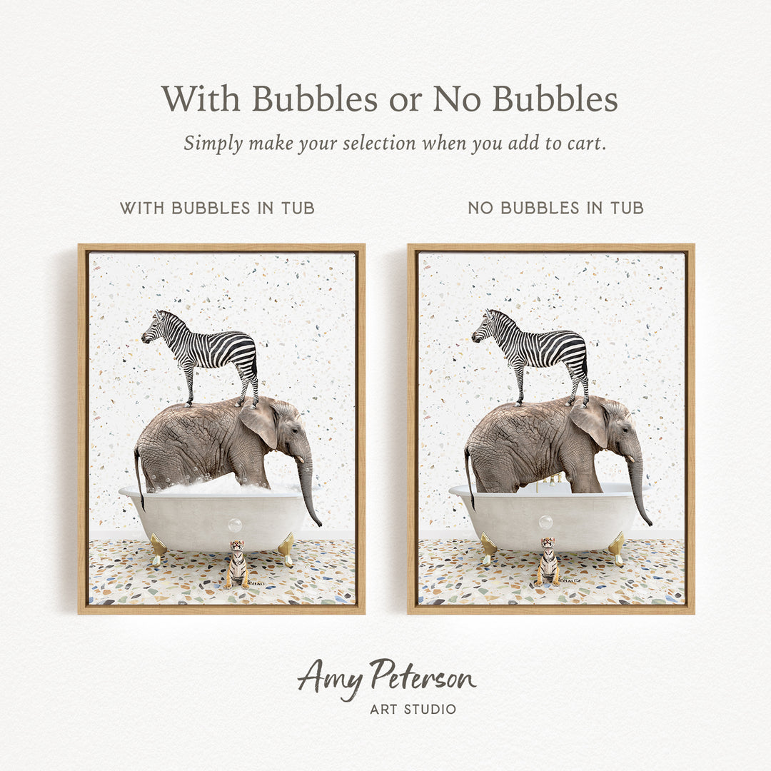 The image is a collage of two framed pictures. In the left frame, a zebra is standing on an elephant's back while the elephant is in a bathtub. In the right frame, a zebra is standing on an elephant's back while the elephant is in a bathtub. The collage does not contain any text, and the images depict the same scene with the zebra and elephant in different bathtubs.
