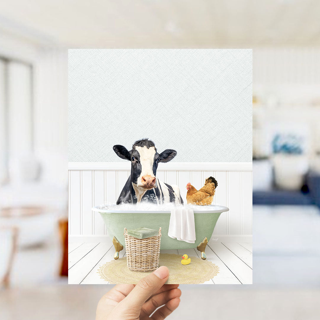 A cow and a chicken are sitting in a bathtub filled with water, surrounded by a basket and a rubber duck.