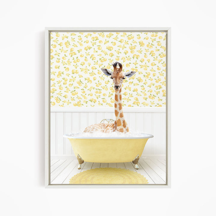 A giraffe is sitting in a yellow bathtub filled with water, surrounded by a yellow and white floral patterned wall.