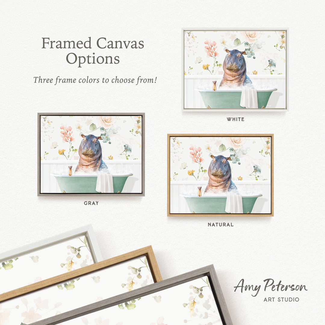 The image is a framed canvas with three different options for frame colors: white, gray, and natural. The canvas features a hippopotamus sitting in a bathtub, surrounded by flowers and birds.