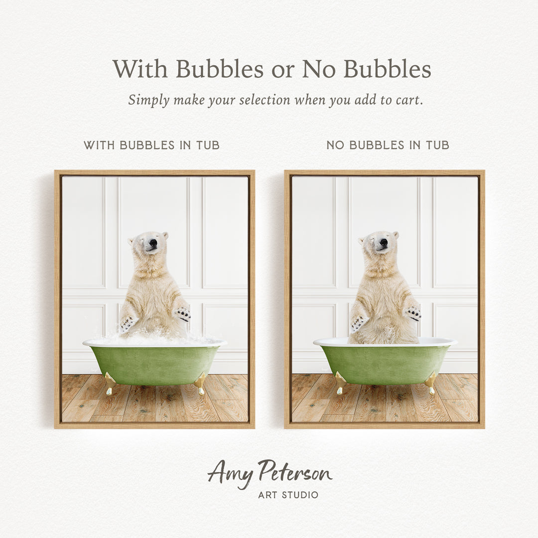 The image is a collage of two pictures featuring a polar bear sitting in a green bathtub. The polar bear appears to be enjoying a bath, with bubbles surrounding it. The image does not contain any text, and the polar bear is the main subject.
