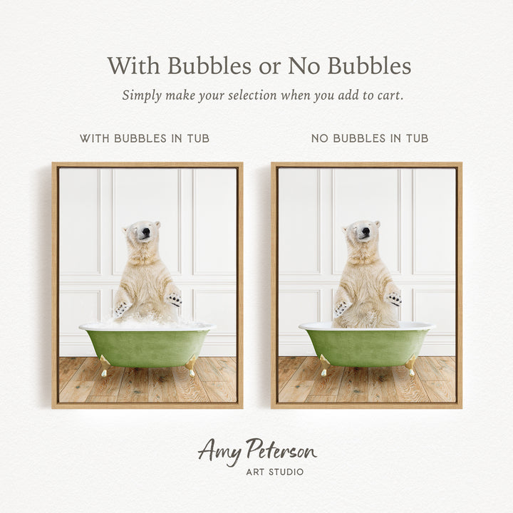 The image is a collage of two pictures featuring a polar bear sitting in a green bathtub. The polar bear appears to be enjoying a bath, with bubbles surrounding it. The image does not contain any text, and the polar bear is the main subject.