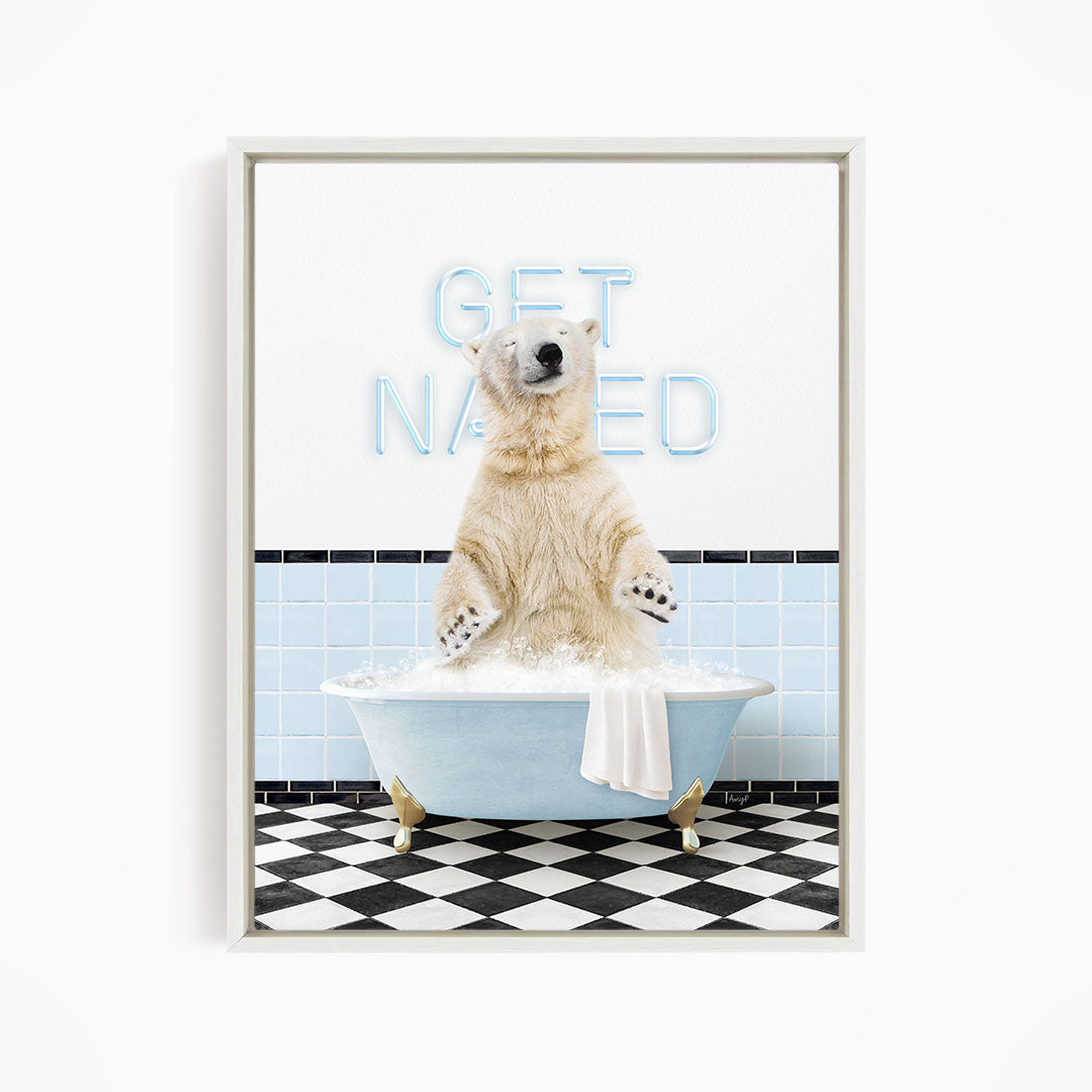 A polar bear sitting in a bathtub filled with bubbles, with a sign that says "GET NAKED" in the background.