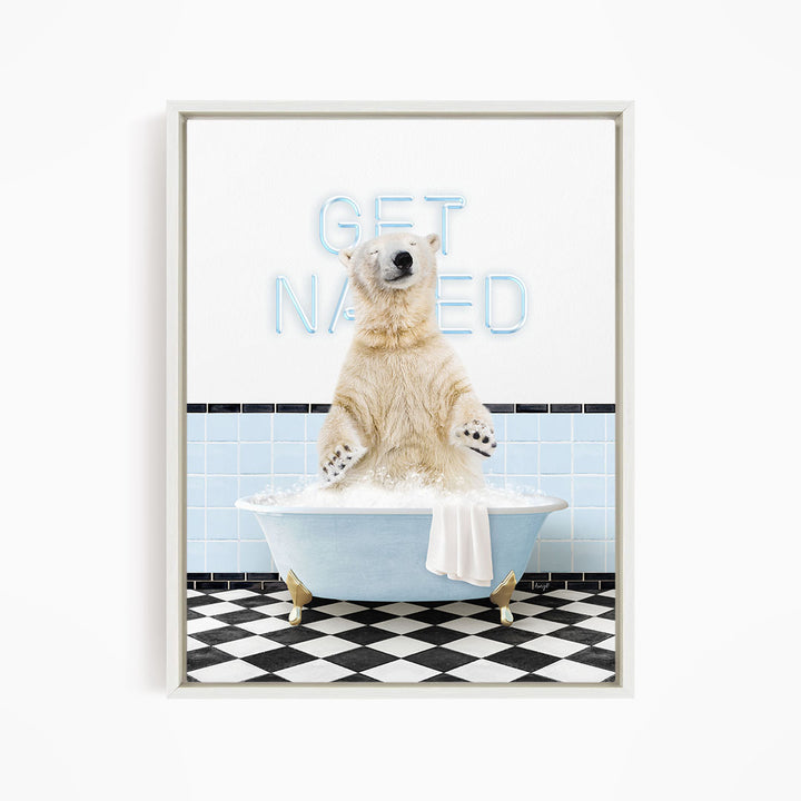 A polar bear sitting in a bathtub filled with bubbles, with a sign that says "GET NAKED" in the background.