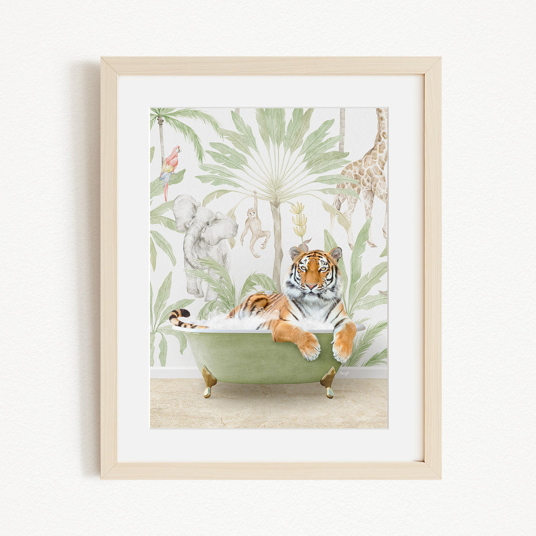 A tiger is sitting in a green bathtub, surrounded by tropical foliage and other animals, creating a whimsical and playful scene.