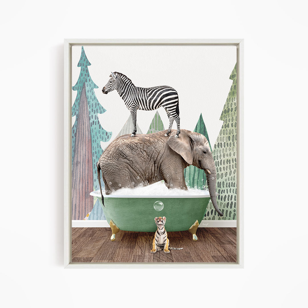 A zebra stands on the back of an elephant, which is submerged in a green bathtub, with a tiger sitting nearby.