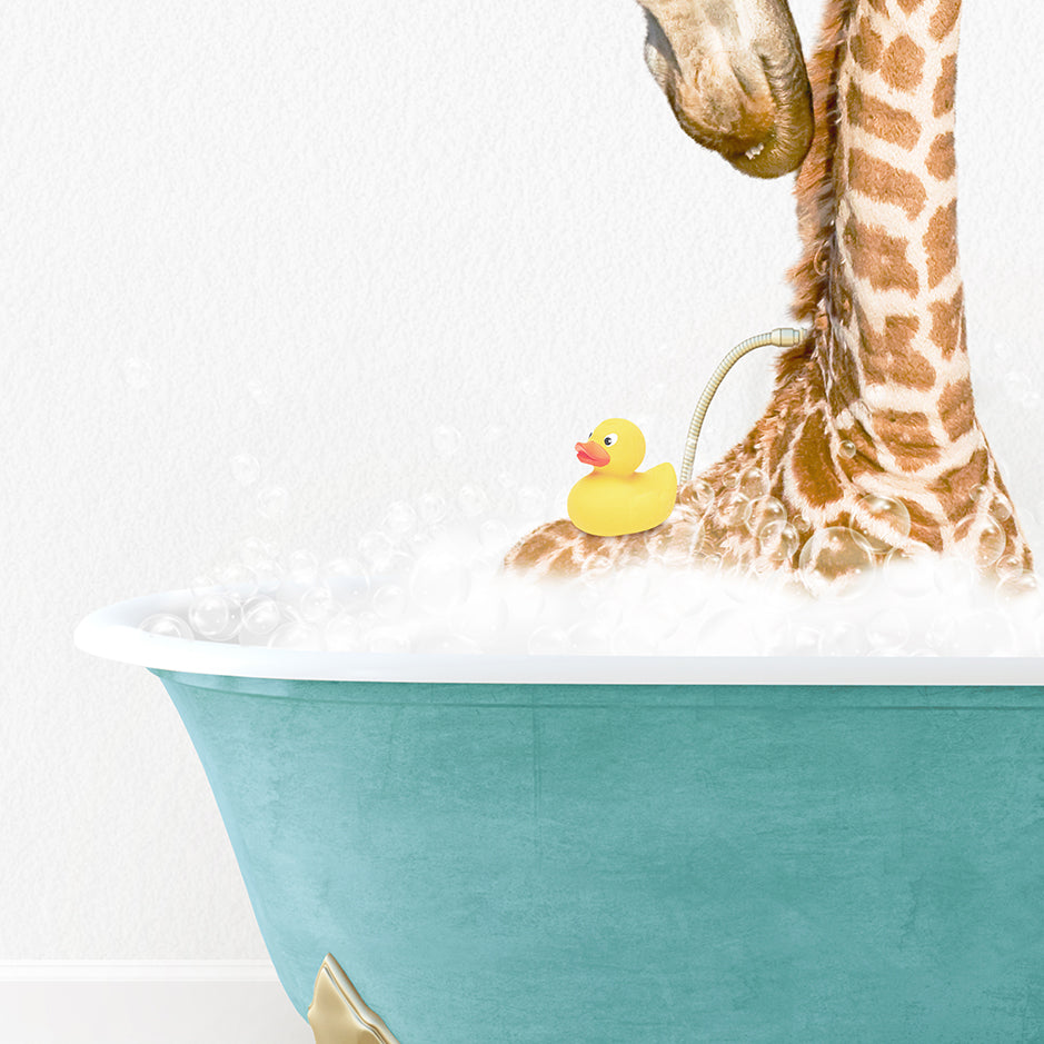 a giraffe in a bath tub with a rubber duck