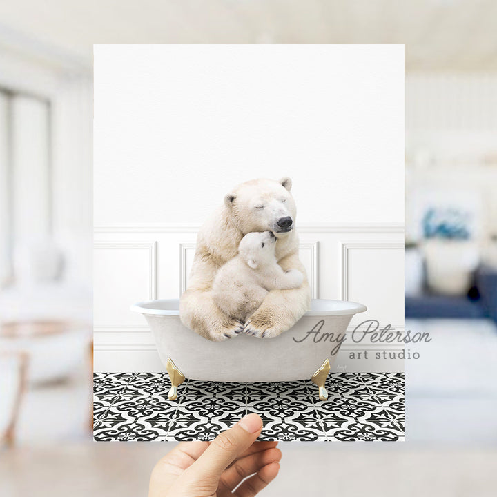 a polar bear sitting on top of a bath tub