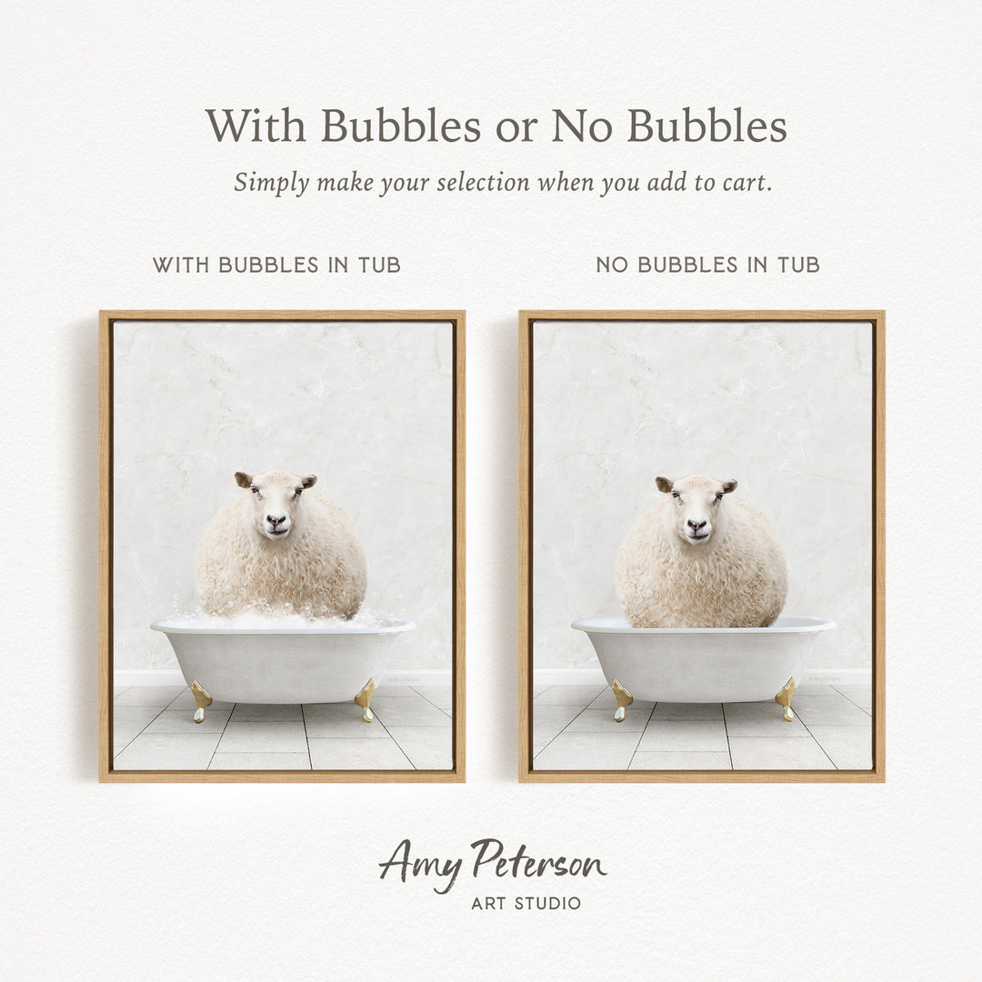 The image is a collage of two framed pictures, each featuring a sheep sitting in a bathtub. The text above the images reads "With Bubbles or No Bubbles" and below the images, it says "Simply make your selection when you add to cart."