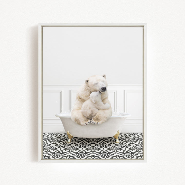 A polar bear and its cub sitting together in a bathtub, with the polar bear appearing to be hugging the cub.