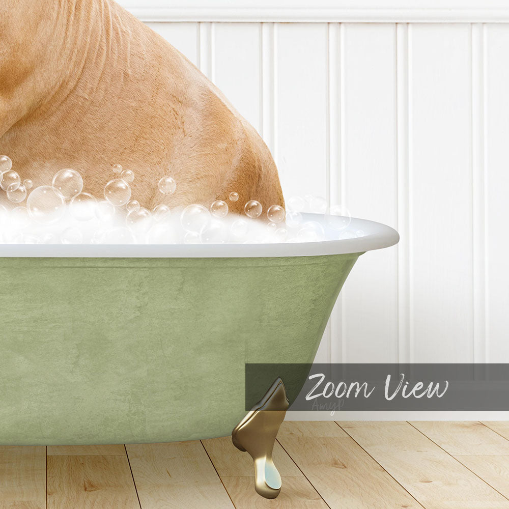 A dog is taking a bath in a green bathtub filled with bubbles, with a white wall in the background.