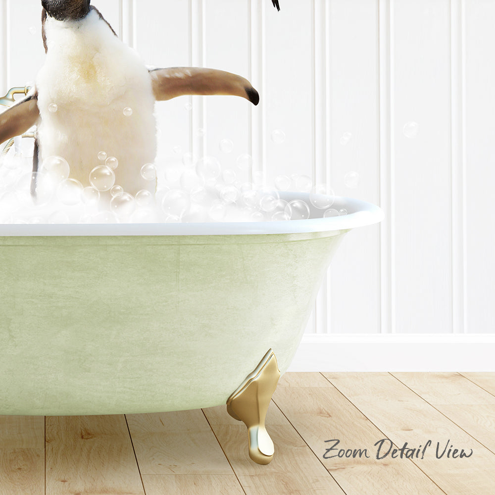 A penguin standing in a green bathtub filled with bubbles, with a white wall in the background.