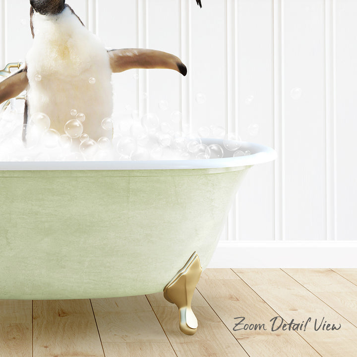 A penguin standing in a green bathtub filled with bubbles, with a white wall in the background.