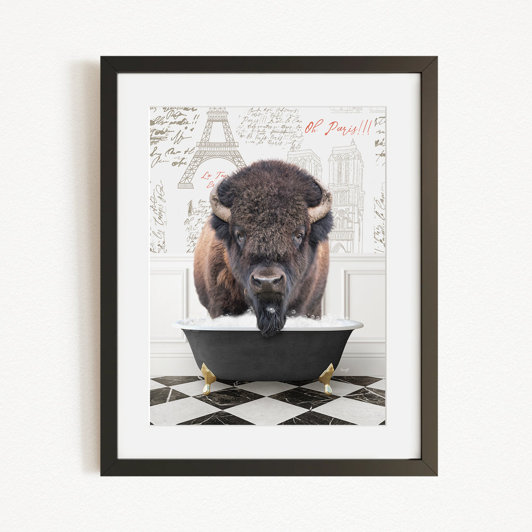A buffalo is sitting in a bathtub, surrounded by a checkered floor and a backdrop featuring the Eiffel Tower and other Parisian landmarks.