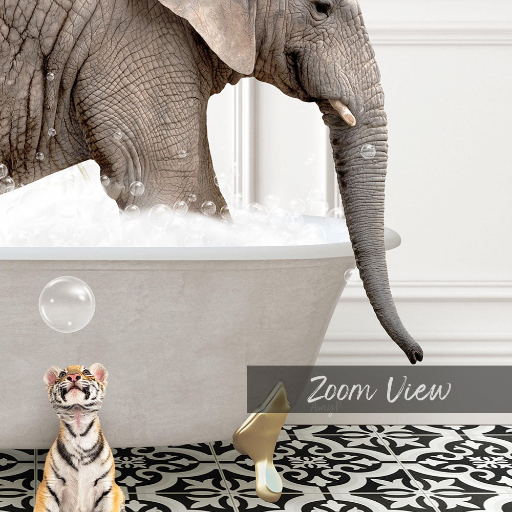 A large elephant is bathing in a bathtub filled with bubbles, while a small tiger sits nearby, looking up at the elephant.