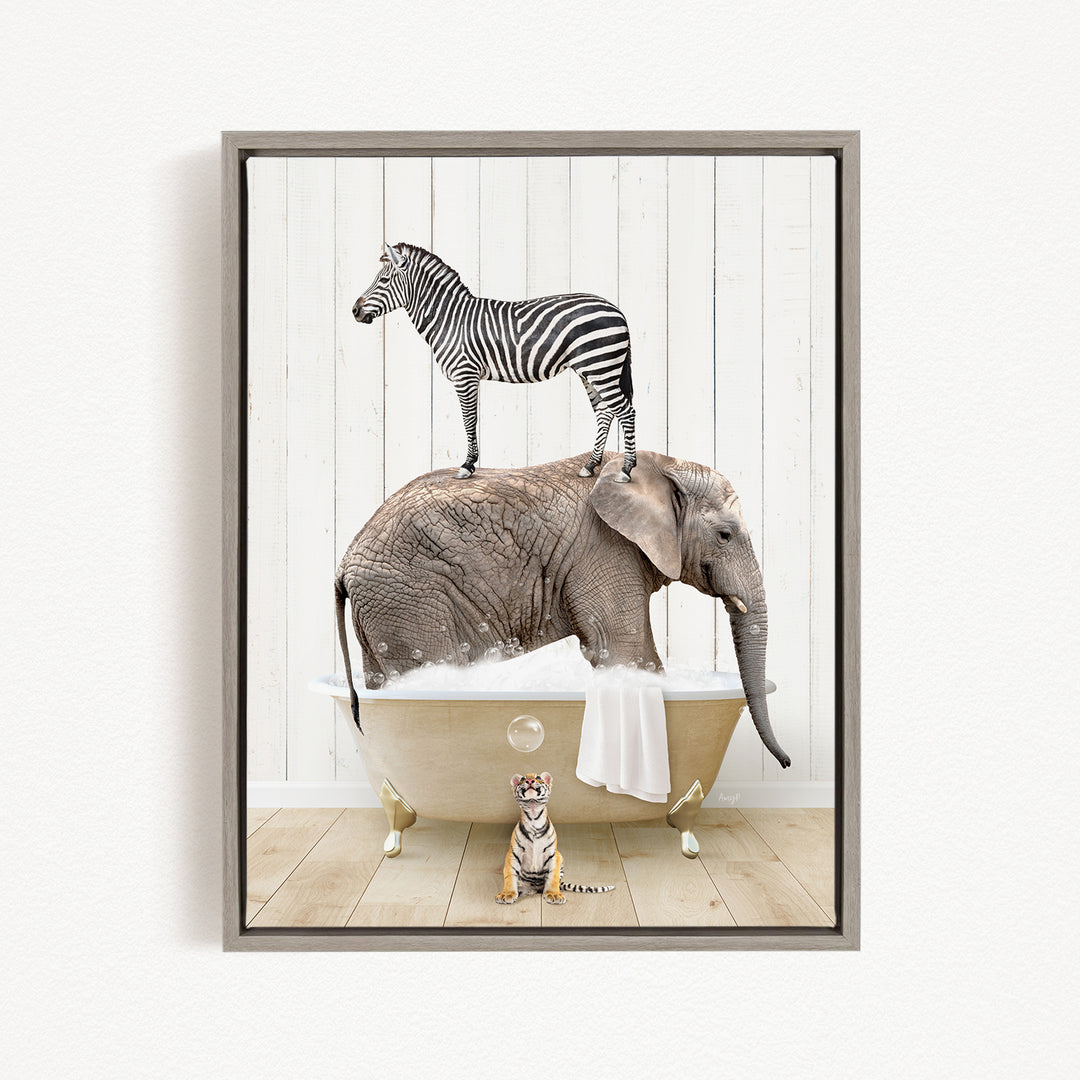 A zebra stands on the back of an elephant, which is submerged in a bathtub, with a tiger sitting nearby.