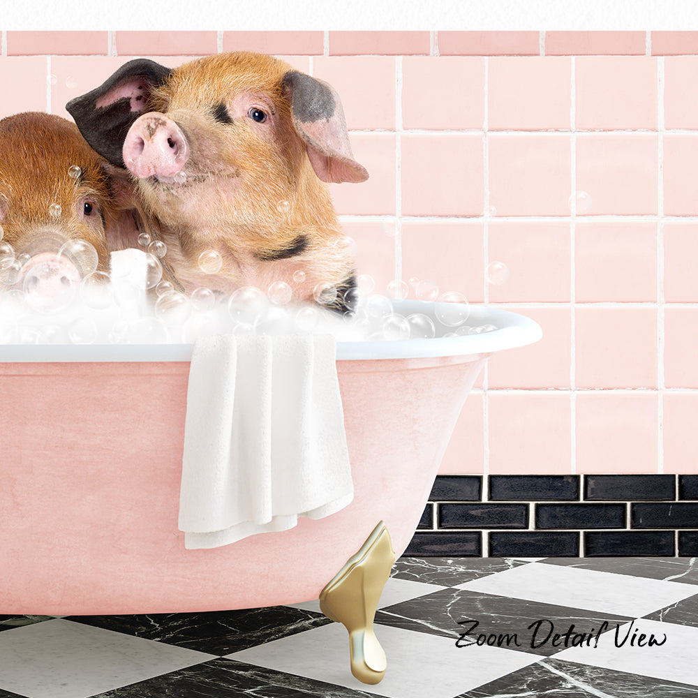 A pink bathtub filled with bubbles, with two adorable pigs sitting inside and enjoying a bath.