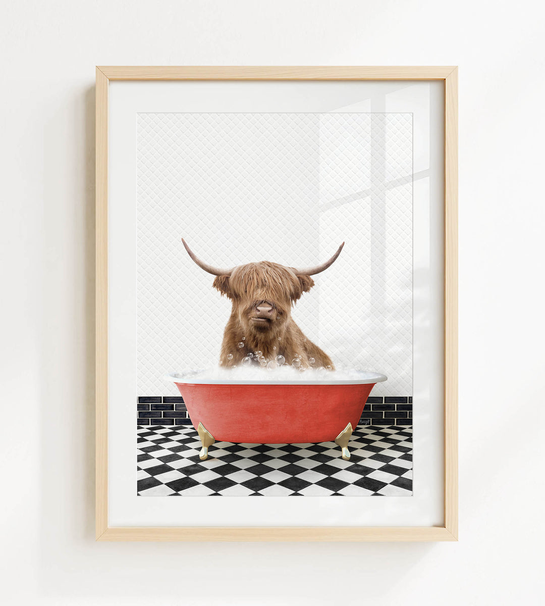 A brown cow with long horns is sitting in a red bathtub filled with water, creating a whimsical and playful scene.