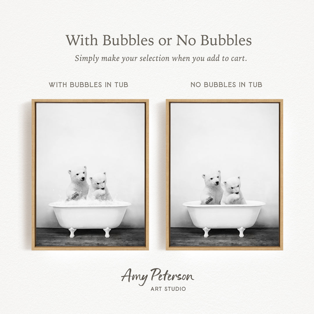 The image is a black and white photograph of two polar bears sitting in a bathtub, with one bear having bubbles in the tub and the other bear not having bubbles. The image is framed and appears to be a part of a collage.