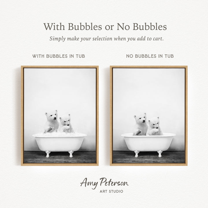 The image is a black and white photograph of two polar bears sitting in a bathtub, with one bear having bubbles in the tub and the other bear not having bubbles. The image is framed and appears to be a part of a collage.
