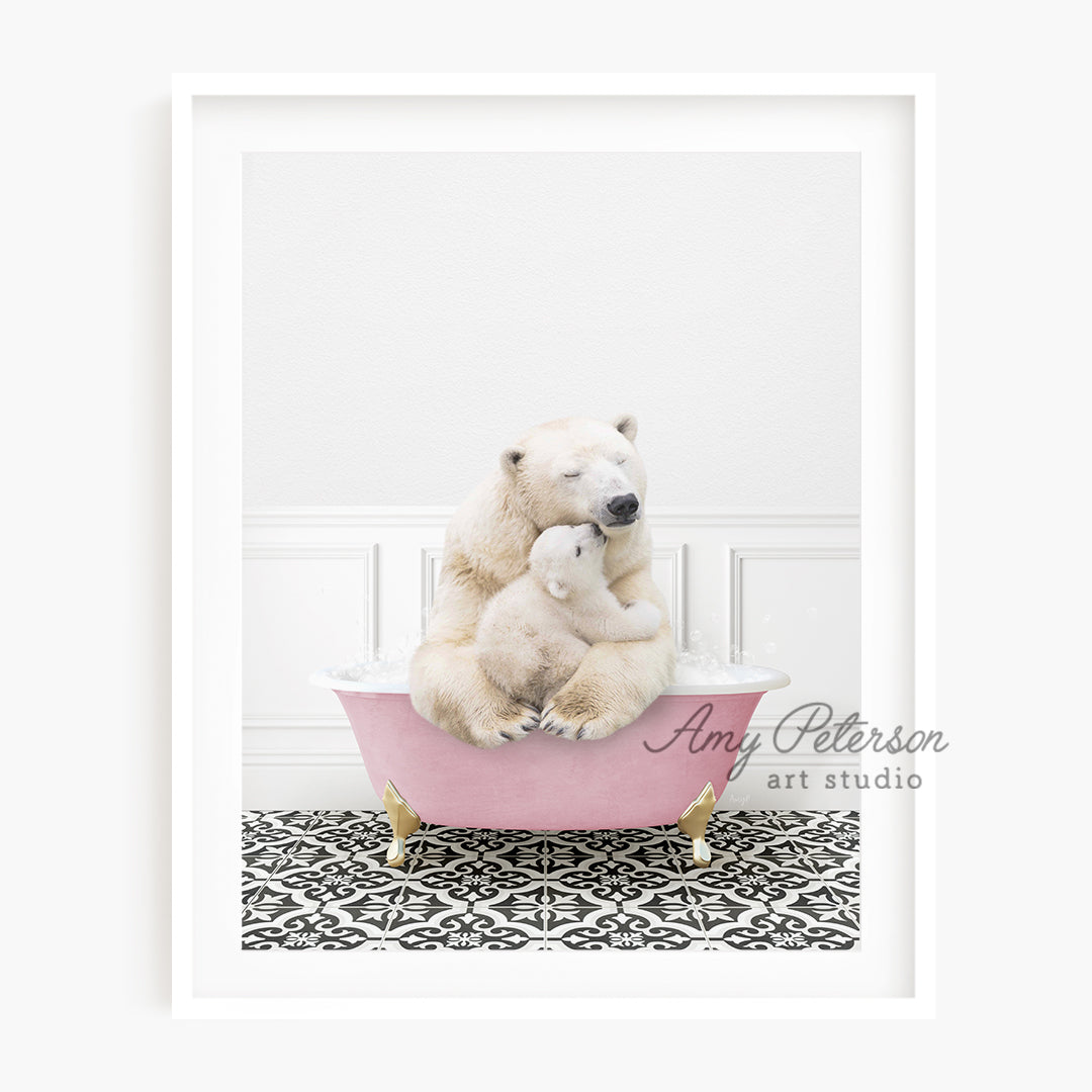 a polar bear sitting on top of a pink bath tub